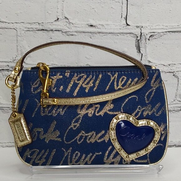 'COACH' 'POPPY' SIGNATURE SCRIPT LUREX JACQUARD WRISTLET NAVY BLUE/GOLD - Picture 5 of 15